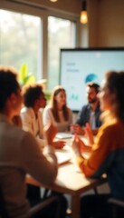 Fototapeta premium Generative AI blurred view of a team in a modern office during a meeting