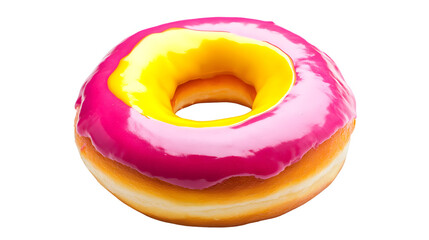Delicious Donut with Pink and Yellow Icing Isolated on White Background