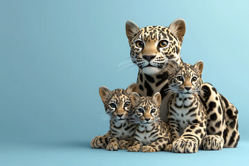 Fototapeta premium Family of leopards resting together on a soft blue background, showcasing their playful interaction