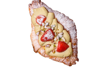 Food for breakfast sweet strawberry croissants with chocolate filling