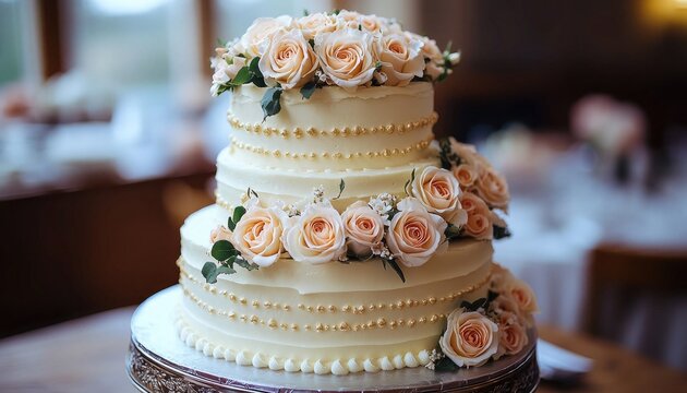 Three-tiered wedding cake decorated with peach roses and gold accents, on a silver stand. Use for wedding invitations, menus, website, or bakery advertising materials. - Powered by Adobe