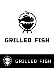 Creative logo design featuring a fish on a grill with steam rising, symbolizing delicious grilled seafood in black and white 