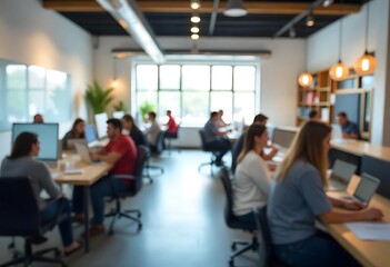 Generative AI captures a blurred view of a modern open plan office space with employees working at computers