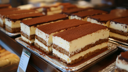  A display of soft and velvety Tiramisu dessert at a family-run pastry shop 