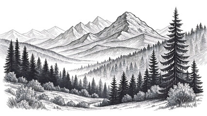 Hand-Drawn Nature Illustration of Mountains and Forest