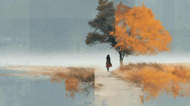 AI art image depicts woman standing before large tree with autumn foliage. Textured layered art evokes feeling of hope, connection. Mental health, support concept
