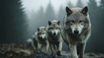 Fototapeta premium AI-generated illustration of wolf pack runs through forest. Wolves run at night, fog creates mysterious mood. Wildlife wolves, predators, run towards the viewer. Nature, animals concept