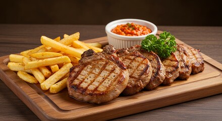 Grilled Pork Chop with Fries and Dip