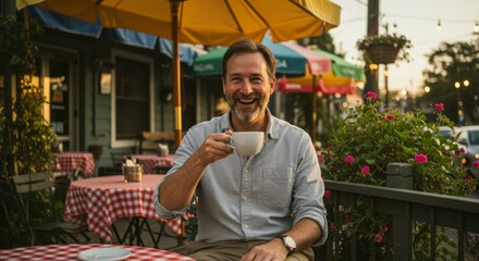 Smiling man enjoying coffee outdoors
