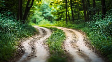 Two paths diverging in a forest, one old and overgrown, the other new and well-maintained, improvement concept, natural ambient light, f/4.0, soft bokeh background --ar 16:9 --v 6.1 --style raw --c 10