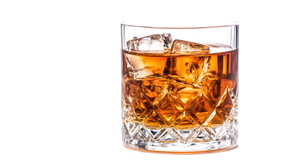 Scotch Whiskey Glass with Ice on White Background for Advertisements and Designs