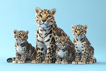 Fototapeta premium A family of leopards sitting together against a light blue background, showcasing their playful nature