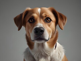 Close up of a dog with brown and white fur looking directly at the viewer, set against a neutral gray background. The dogs expression is alert and focused.