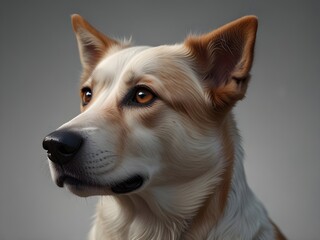 Close up portrait of a dog with a white and tan coat, featuring attentive brown eyes and a sleek black nose, set against a neutral gray background. Animal portrait.