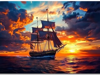 Fototapeta premium Large sailing ship on the sea during a colorful sunset with vibrant clouds and low sun.