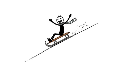 Joyful Stick Figure Sledding Downhill with Scarf and Open Arms