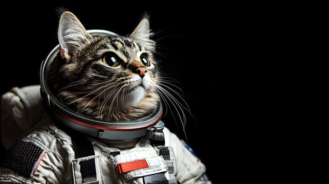 A creative portrait of a cat in an astronaut spacesuit on a black background. - Powered by Adobe