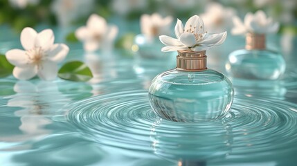 Obraz premium Turquoise perfume bottle with white blossom floating on water surface. Use for aromatherapy, spa, wellness, or beauty product related content.