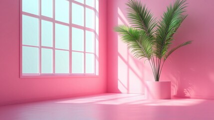 Fototapeta premium Pink room with window, indoor plant, and bright light. Use for interior design, product mockups, and home decor.