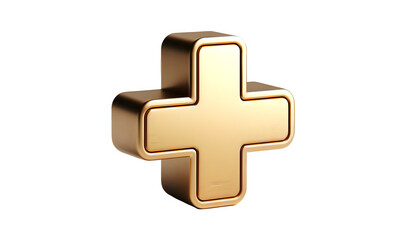 a bold, three-dimensional sign or symbol "+" in a luxurious, metallic gold finish isolated on the white background, The 3D decorative letter, has a smooth, gold finish