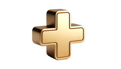 a bold, three-dimensional sign or symbol "+" in a luxurious, metallic gold finish isolated on the white background, The 3D decorative letter, has a smooth, gold finish