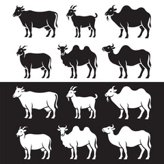 Vector Set of Qurbani Animals – Cow, Goat, Sheep, Camel, and Bull for Eid al-Adha