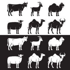 Vector Set of Qurbani Animals – Cow, Goat, Sheep, Camel, and Bull for Eid al-Adha