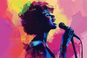 Illustration of a female singer singing into a microphone on a colorful bright background