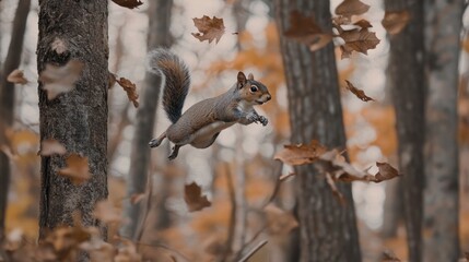 Agile squirrel leaps through autumn foliage