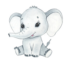 Cute watercolor baby elephant sitting peacefully. Hand painted illustration with soft pastel colors