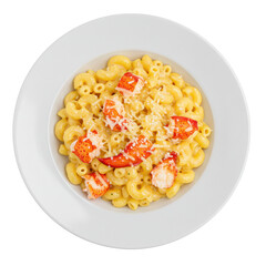 Creamy lobster macaroni and cheese served in a white bowl, garnished with cheese