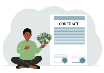 A man receives money for a deal. Next to it is a large contract with seals. The concept of a financial agreement, signing a contract or a deal.