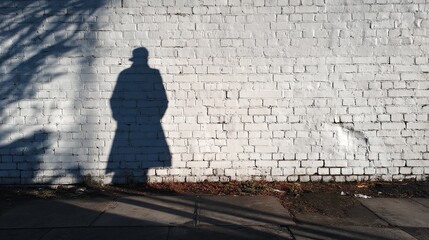 Mysterious Figure Silhouette Against White Brick Wall