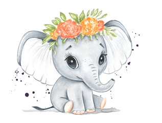 Cute watercolor baby elephant with floral wreath. Hand painted.