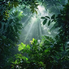 Obraz premium A vibrant rainforest canopy viewed from below, with thick green leaves filtering sunlight. Dew drops on the leaves, mist rising in the background.