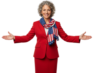 Smiling mature woman in red suit with USA flag scarf, arms open. Politics or public figure. PNG, transparent background