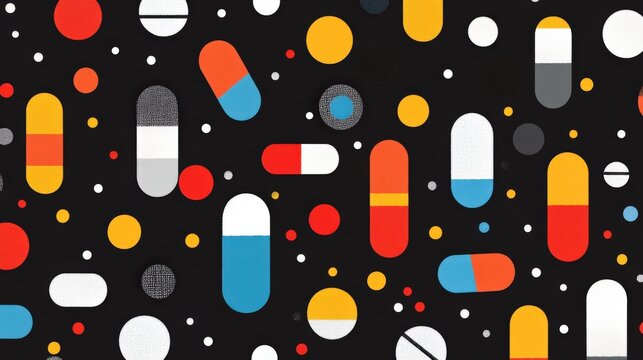 Colorful capsule pattern on black background featuring various shapes and colors for creative designs