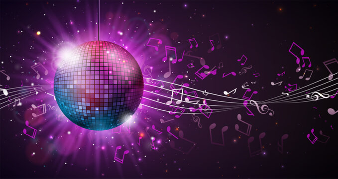 Party Celebration Illustration with Shiny Disco Ball with Reflective Surface and Flying Musical Notes on Bright Night Background. Vector Festival Design for Banner, Flyer, Greeting Card, Invitation or