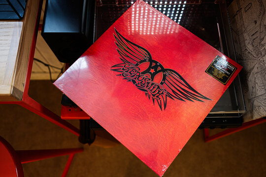 Red vinyl album cover of Aerosmith Greatest Hits from the 1980s, rock genre