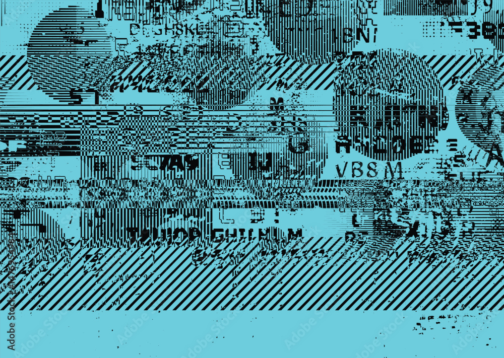 Poster Glitch distorted geometric shape . Noise destroyed logo . Trendy defect error shapes . Glitched frame .Grunge textured . Distressed effect .Vector shapes with a halftone dots screen print texture.