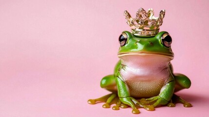 A cheerful green frog crowned with joy, celebrating Leap Day.