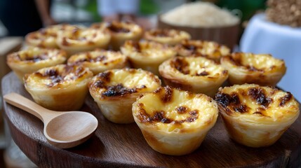 Delicious egg custard tarts on a wooden platter, alongside a small wooden spoon. These treats are perfect for satisfying a sweet craving.
