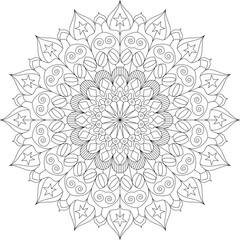 Symmetrical star and swirl mandala design. Detailed black and white vector illustration for coloring, decoration, and creative projects