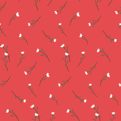 Seamless floral pattern, liberty ditsy print in elegant vintage motif. Botanical design of mini hand drawn plants, small white flowers, tiny leaves abstractly on red background. Vector illustration.