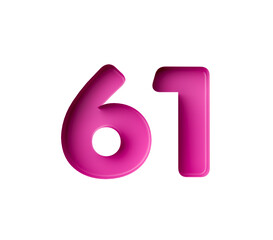 Vibrant pink number 61 Sixty one in bold gradient font with a slight shadow effect, 3d illustration