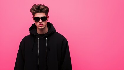 Fototapeta premium Stylish young man in black hoodie and sunglasses