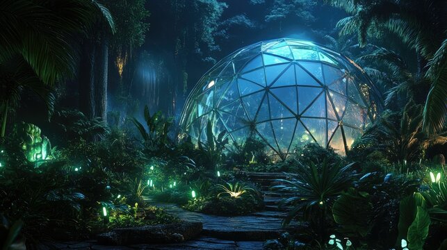 Nighttime geodesic dome in lush tropical garden