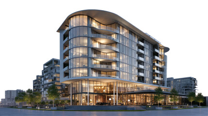 Rounded Glass-Fronted Building with Balconies and Sleek Modern Design on Transparent Background

