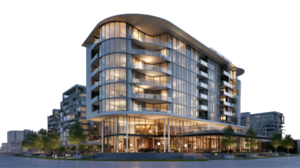 Rounded Glass-Fronted Building with Balconies and Sleek Modern Design on Transparent Background

