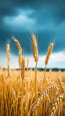 Fototapeta premium Wheat stalks sway under a stormy gray sky, their sharp profiles set against dark clouds. This dramatic landscape captures nature's resilience and the powerful dynamics of weather and agriculture.